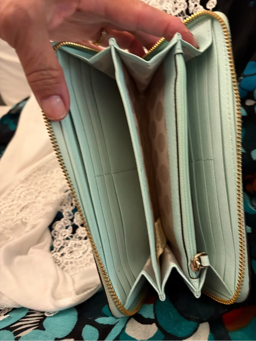 kate spade pale Mint  zip-around wallet with gold logo